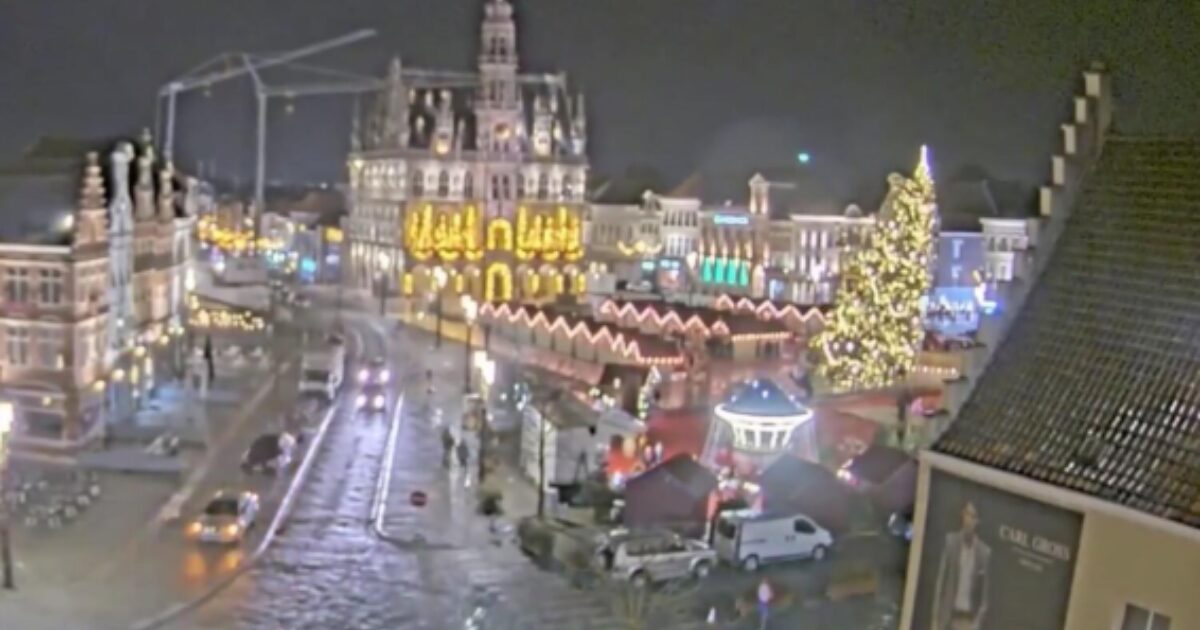 Momento en el que el gigante árbol cae sobre el mercadillo navideño de la ciudad belga de Oudenaarde